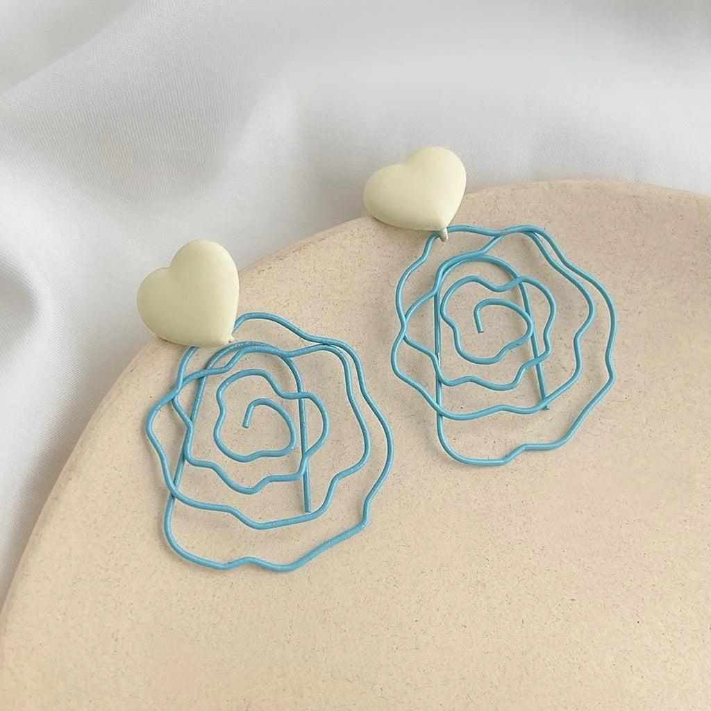 Sweet Summer Blue Hollow Enamel Rose Flower Copper Statement Drop Earrings For Women