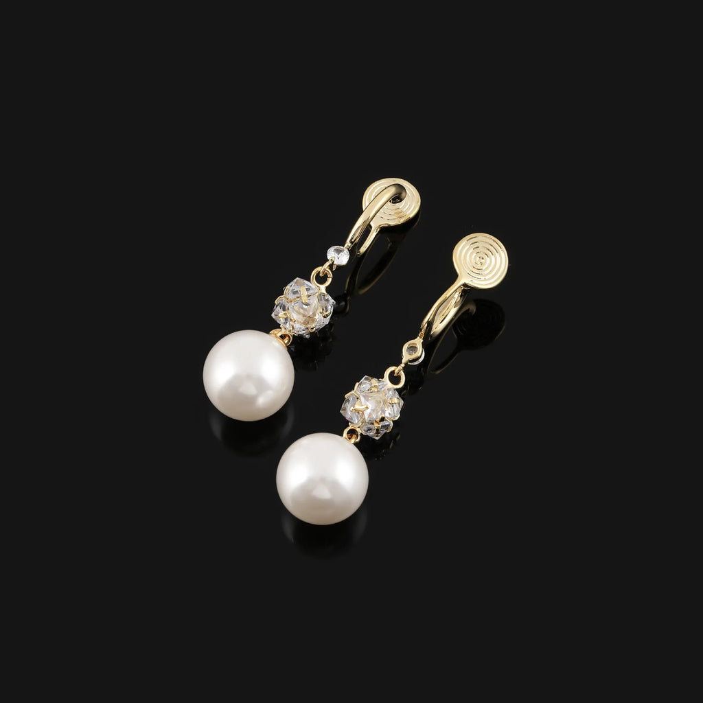 Elegant Swirl Hoop Crystal Rhinestone Pearl Drop Stud & Clip On No Piercing Long Dangle Earrings