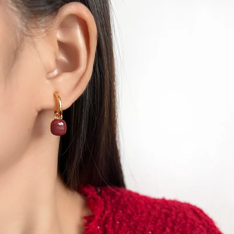 Vintage Red Enamel Square Drop Hoop Stud & Clip On No Piercing Gold Tone Alloy Spiral Disc Earrings