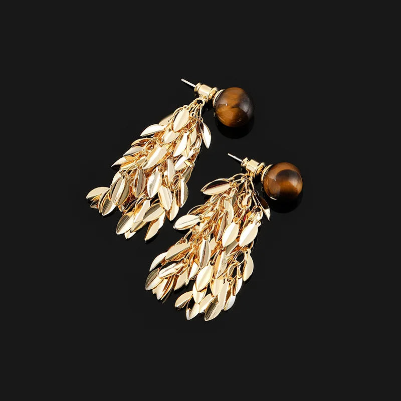 Vintage Tiger Eye Stone Gold Alloy Leaf Tassel Stud & Clip On No Piercing Long Drop Earrings