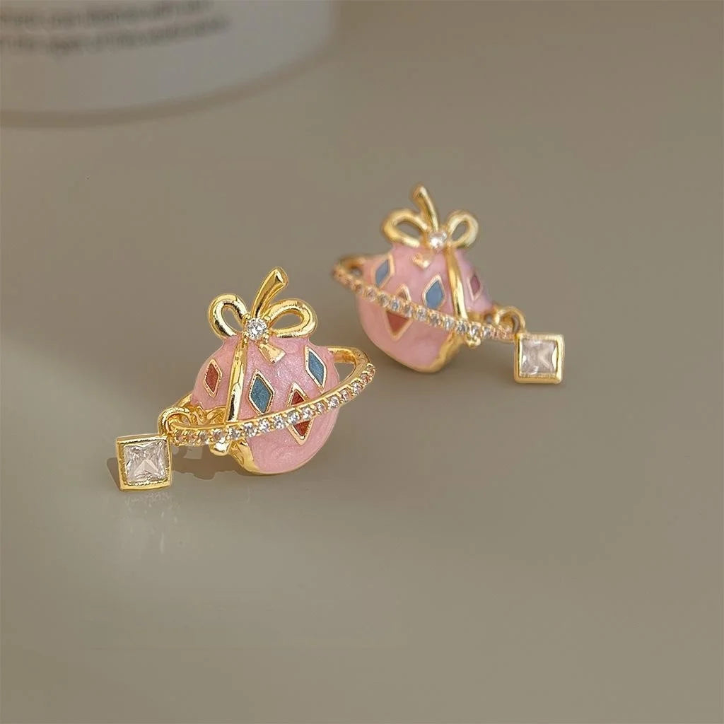 Sweet Strawberry Enamel Copper Zircon Stud Earrings Handmade Painted Fruit Geometric Jewelry