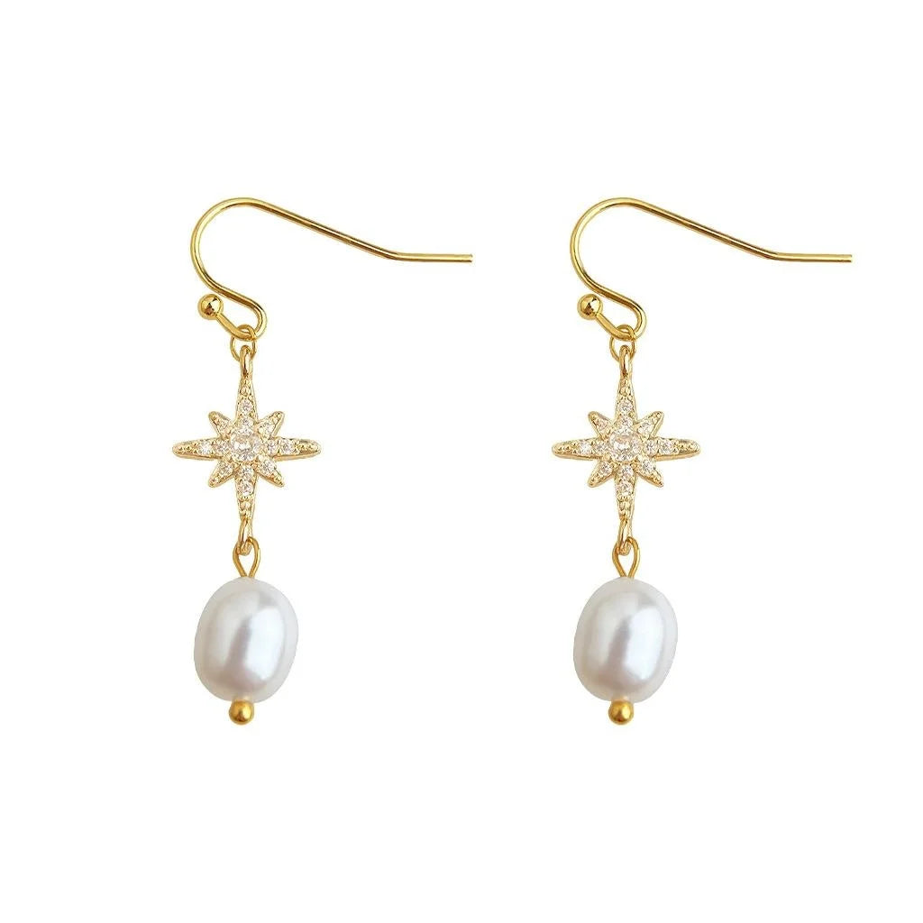 Freshwater Pearl Zircon Eight-Point Star Handmade Drop Earrings Light Luxury Geometric Jewelry