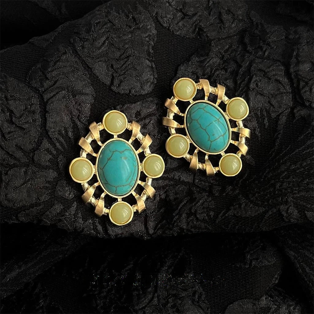 Vintage Synthetic Turquoise Resin Oval Hollow Geometric Drop Earrings