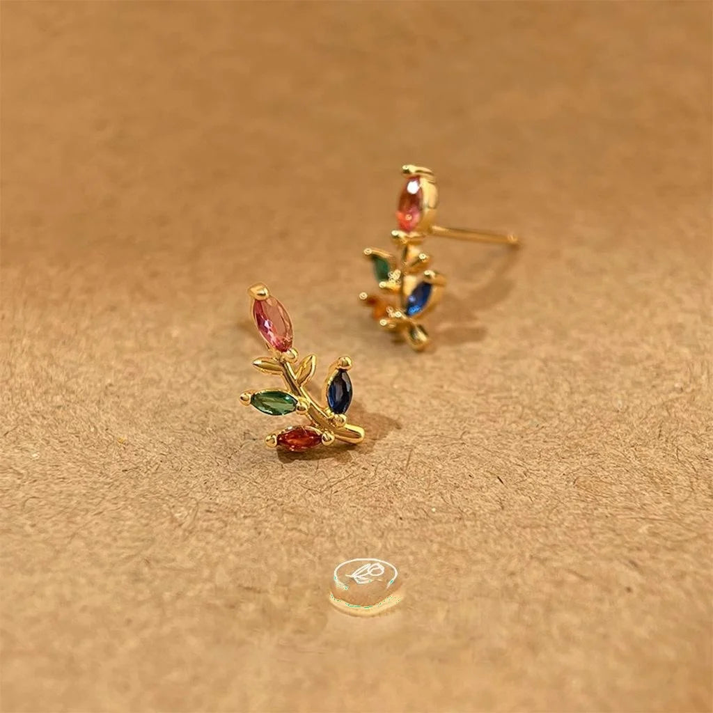 Mini 14K Gold Plated Micro Pave Colorful Zircon Leaf Stud Earrings Sweet Simple Style