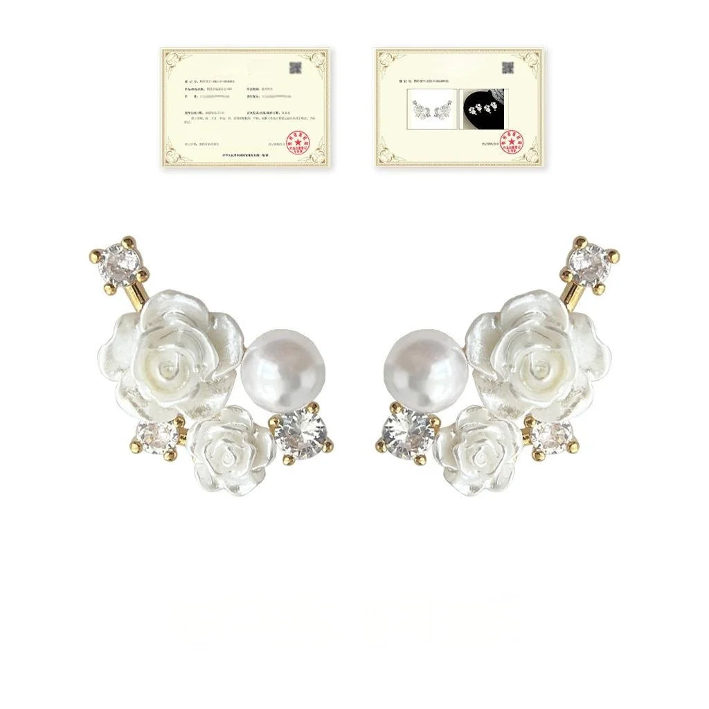 Original Design Resin Pearl Rose Flower Drop Earrings With Micro Pave Zircon