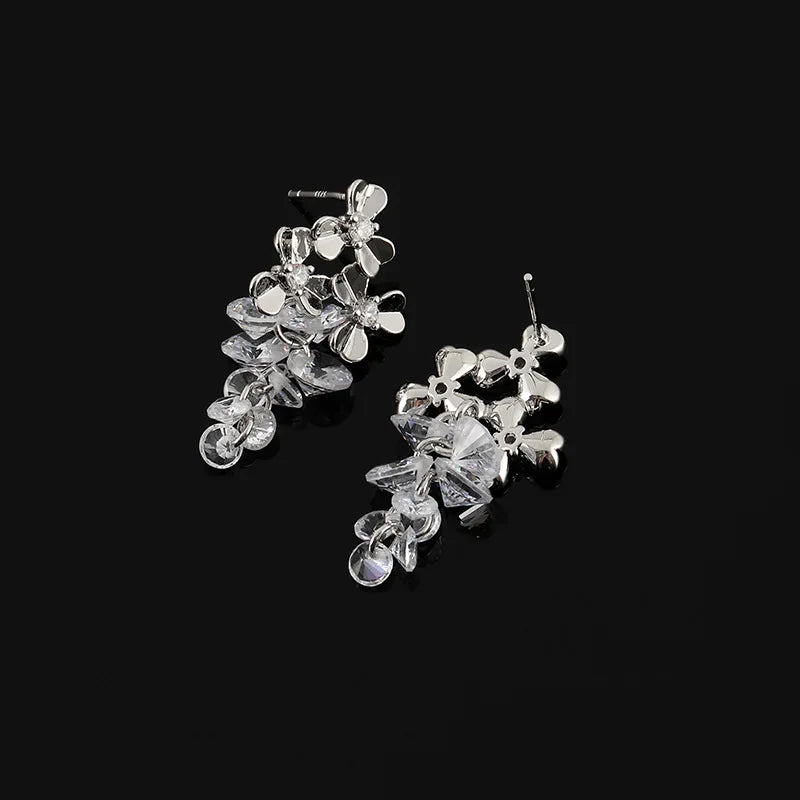 Elegant Zircon Crystal Grape Cluster Floral Tassel Stud & Clip On No Piercing Drop Earrings
