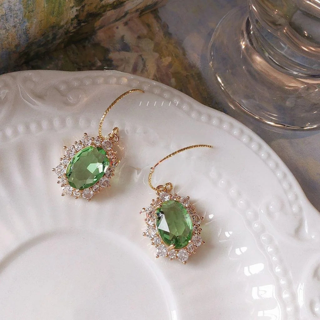 French Vintage Oval Green Zircon Copper 18K Gold Plated Drop Earrings For Women