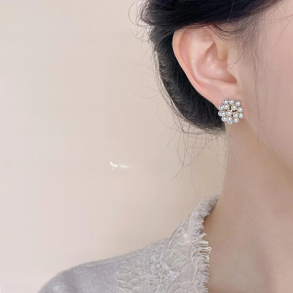 14K Gold Plated Copper Pearl Flower Stud Earrings Light Luxury Geometric Commuter Jewelry