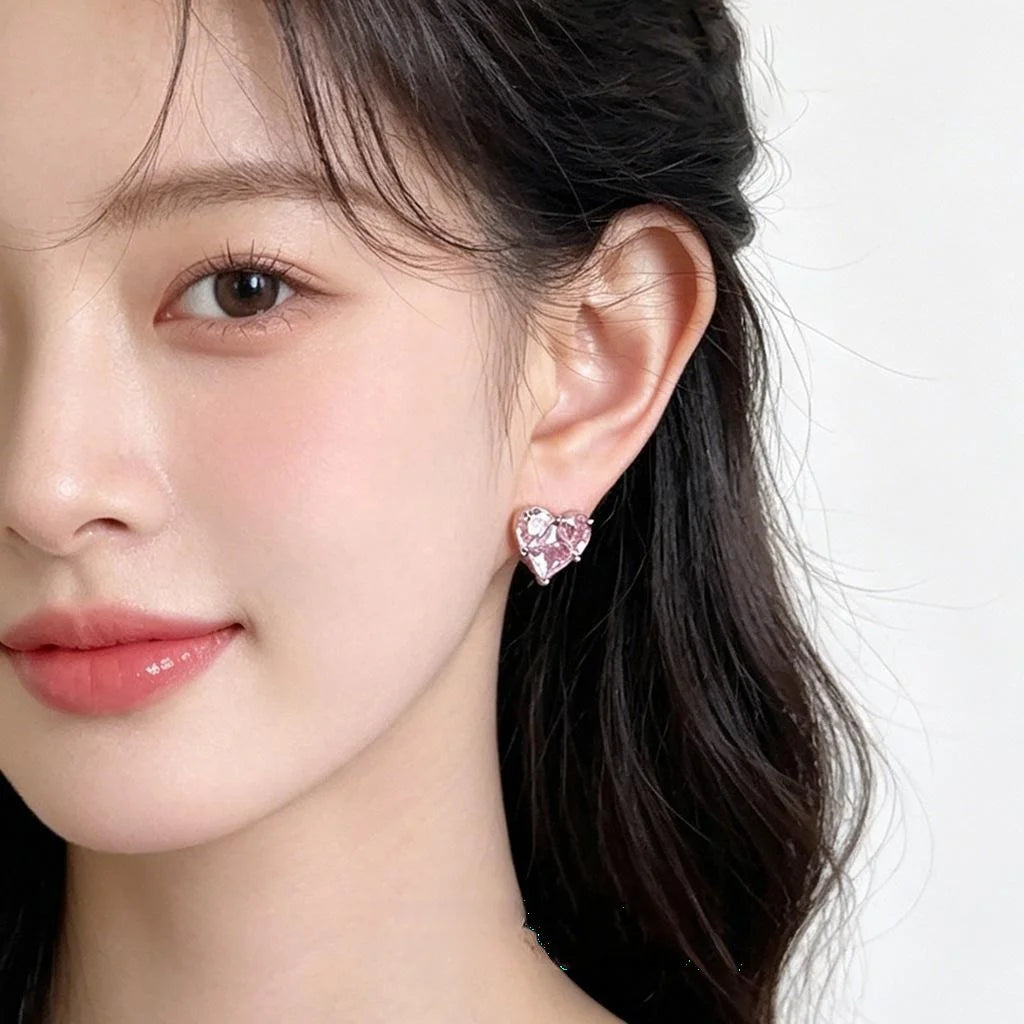 Minimalist Heart Geometric Pink Zircon Copper Stud Earrings For Women
