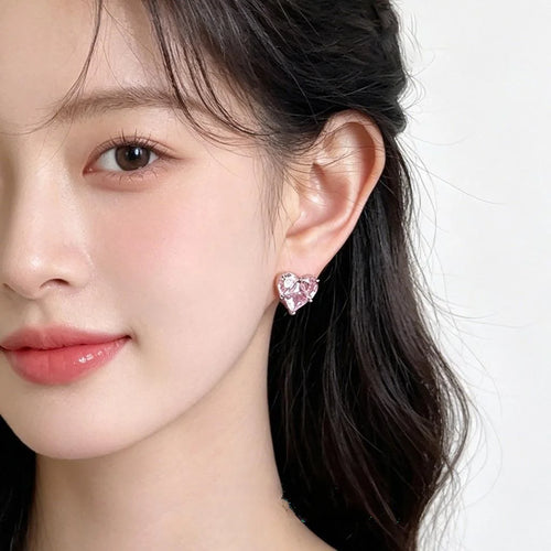 Minimalist Heart Geometric Pink Zircon Copper Stud Earrings For Women