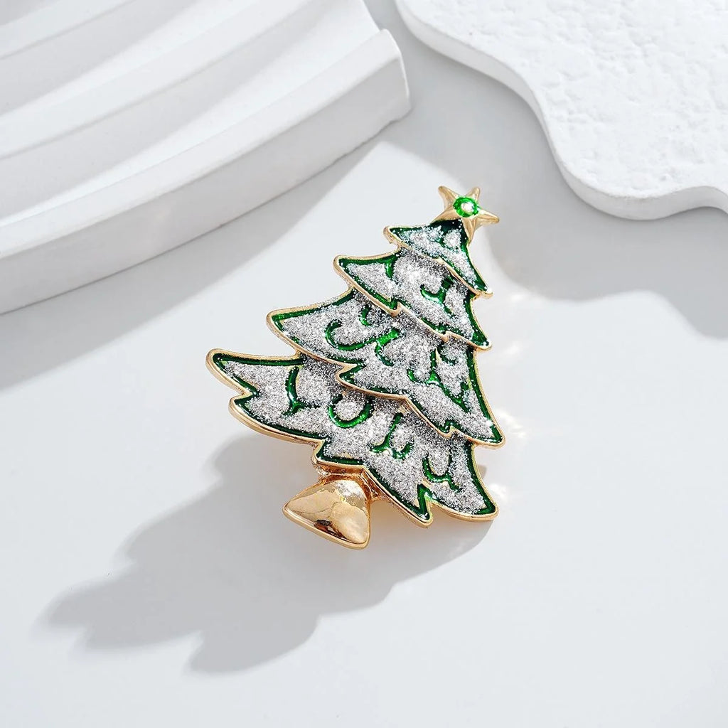 Elegant Enamel Rhinestone Christmas Tree Brooch With Gold Alloy Star, Festive Lapel Pin Holiday Gift