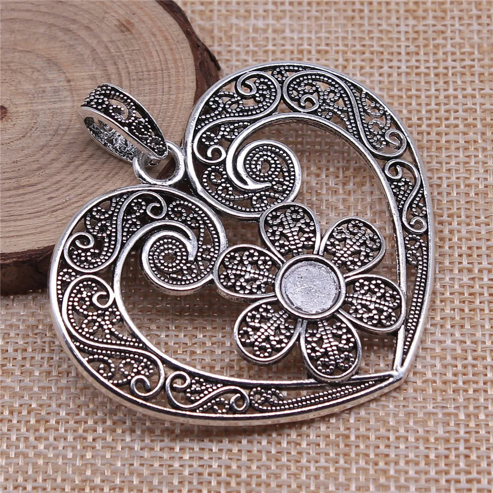 61x53mm 16.1g Antique Silver Zinc Alloy Flower Heart Charm Pendant for Necklace Bracelet Making