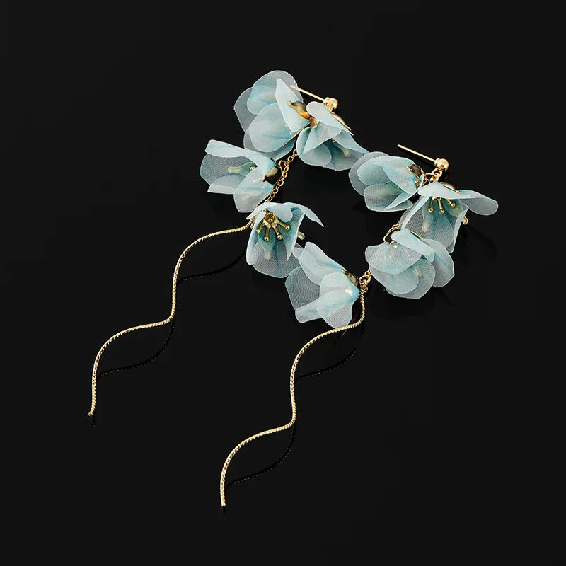 Elegant Light Blue Fabric Flower Alloy Chain Tassel Stud & Clip On No Piercing Vacation Drop Earrings