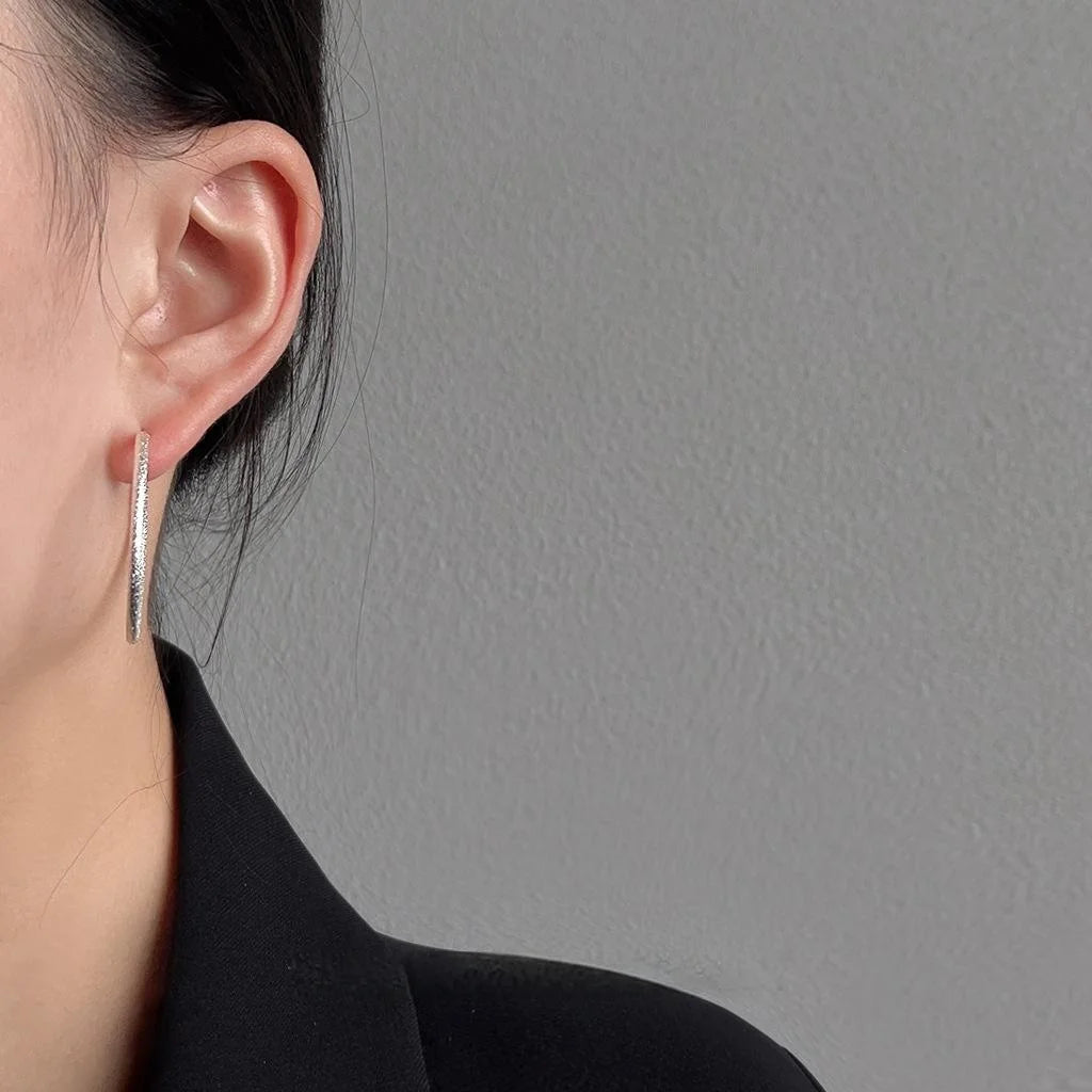 Silver Sand Finish Copper Hoop Drop Earrings, Minimalist Geometric Fashion Jewelry