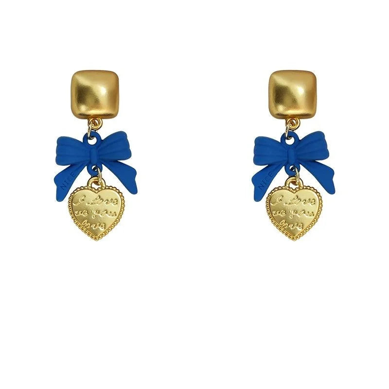 14K Gold Plated Copper Blue Enamel Bow Stud Earrings For Women Light Luxury Heart Square Jewelry