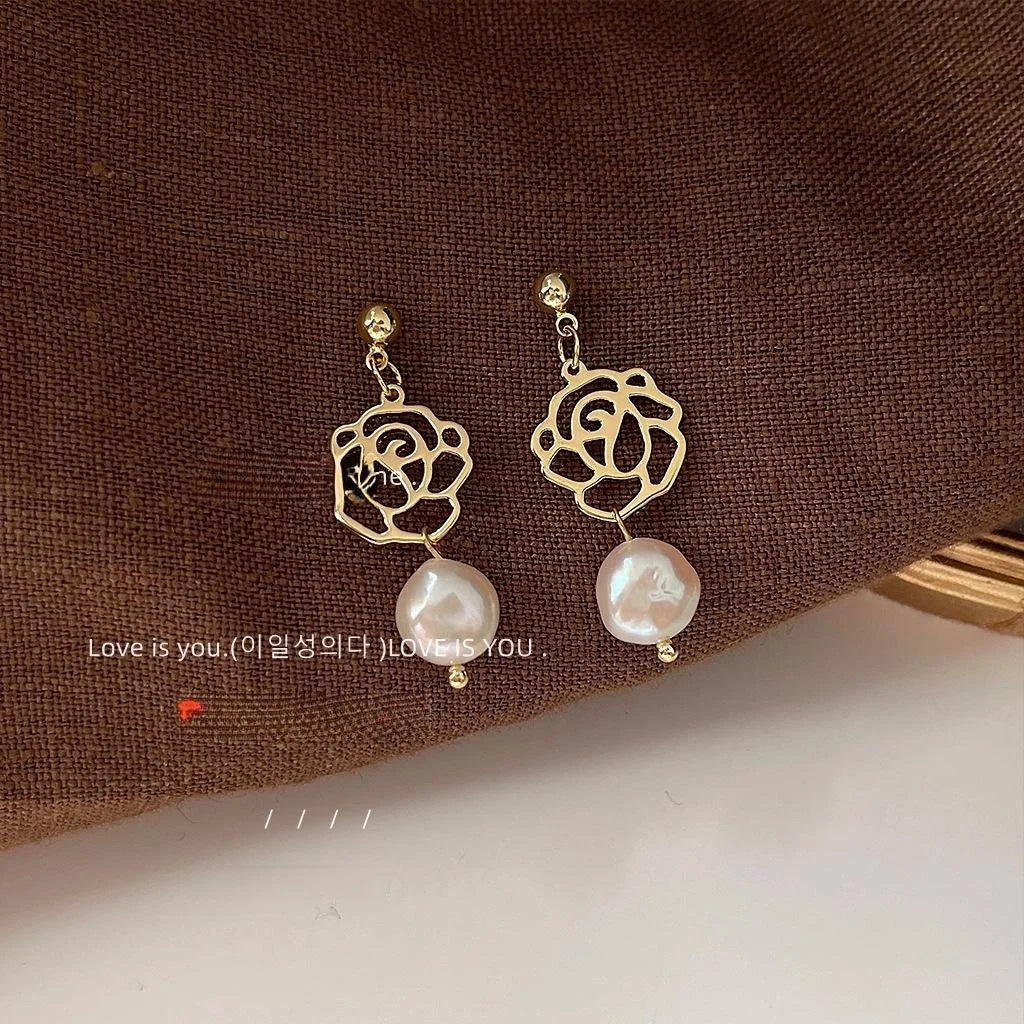 French Vintage Baroque Freshwater Pearl Hollow Rose Flower Stud Earrings Elegant Palace Style