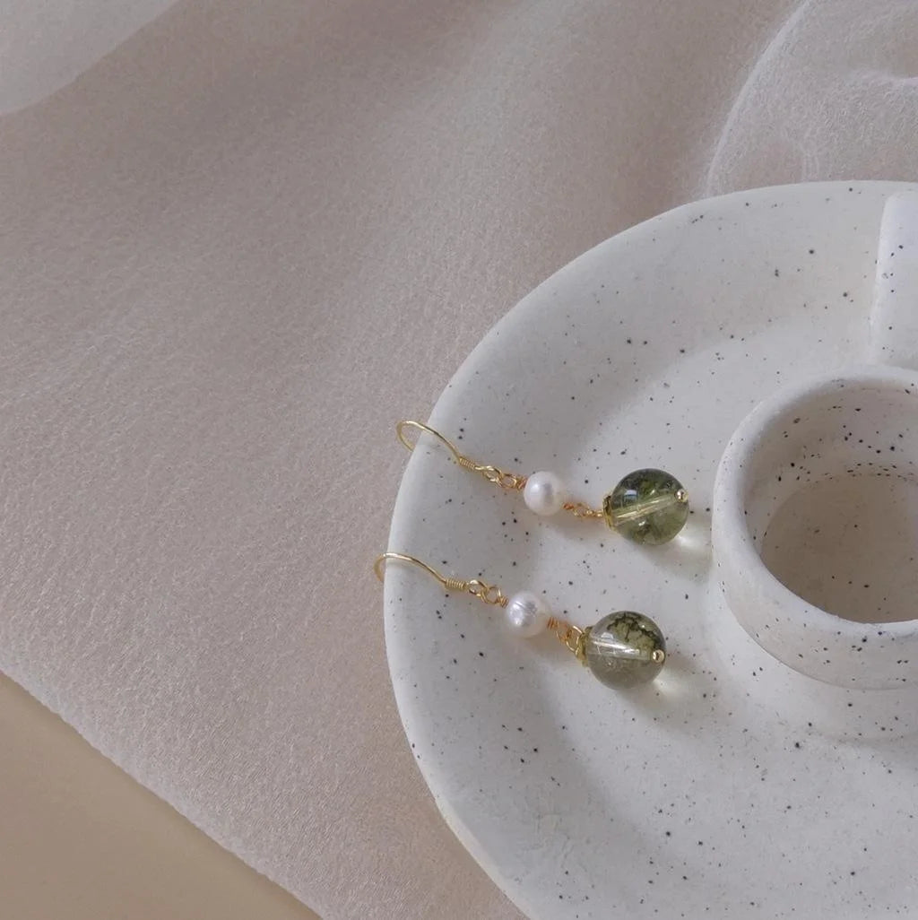 Handmade French Vintage Freshwater Pearl Synthetic Green Phantom Geometric Drop Earrings