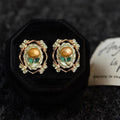 Vintage French Freshwater Pearl Floral Geometric 14K Plated Copper Stud Earrings