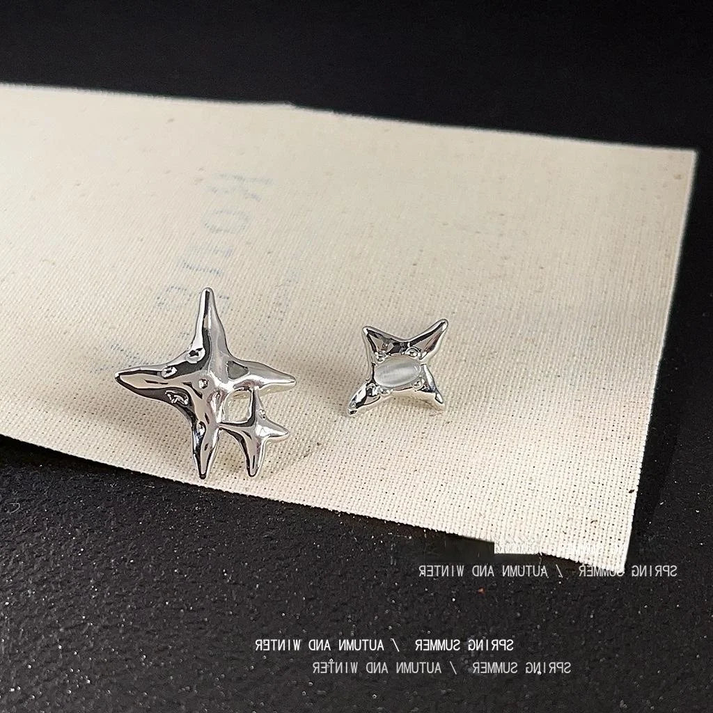 Sweet Cool Asymmetric Glass Cat Eye Five Point Star Copper Stud Earrings With Silver Plated Posts