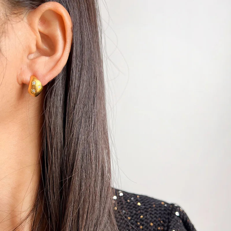 Elegant Matte Gold Alloy Waterdrop Bean Spiral Star Zircon Stud & Clip On No Piercing Earrings