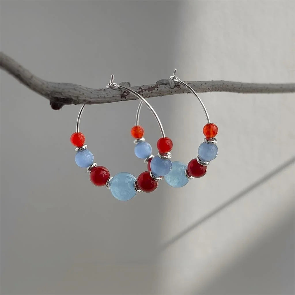 Handmade Copper Red Agate Glass Round Geometric Pastoral Drop Earrings