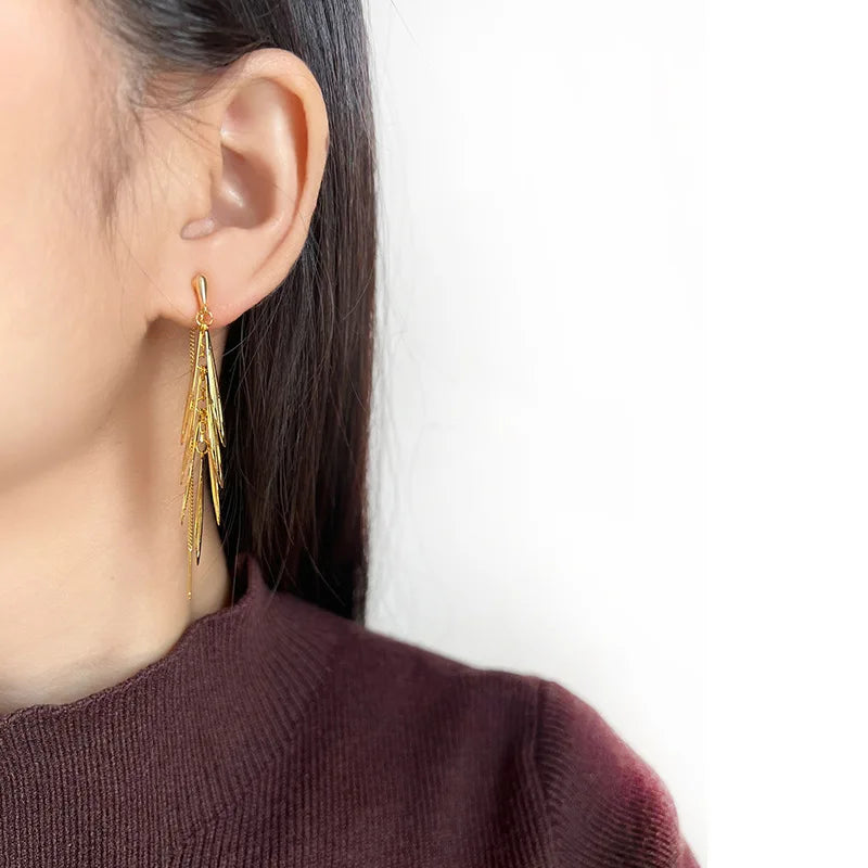 Elegant Gold Alloy Hollow Leaf Tassel Ear Thread Stud & Clip On No Piercing Long Drop Earrings