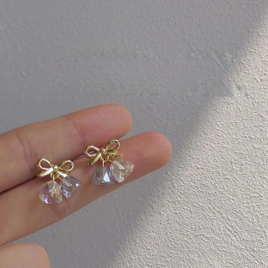 Korean Style 14K Plated Bow Bell Glass Crystal Stud Earrings For Women