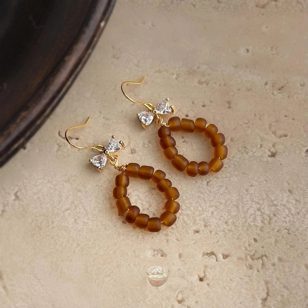 Maillard Style Copper Zircon Bow Geometric Tassel Heart Drop Earrings Vintage Handmade Jewelry