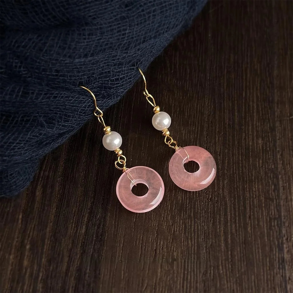 New Chinese Red Natural Stone Copper Geometric Peace Buckle Tassel Drop Earrings