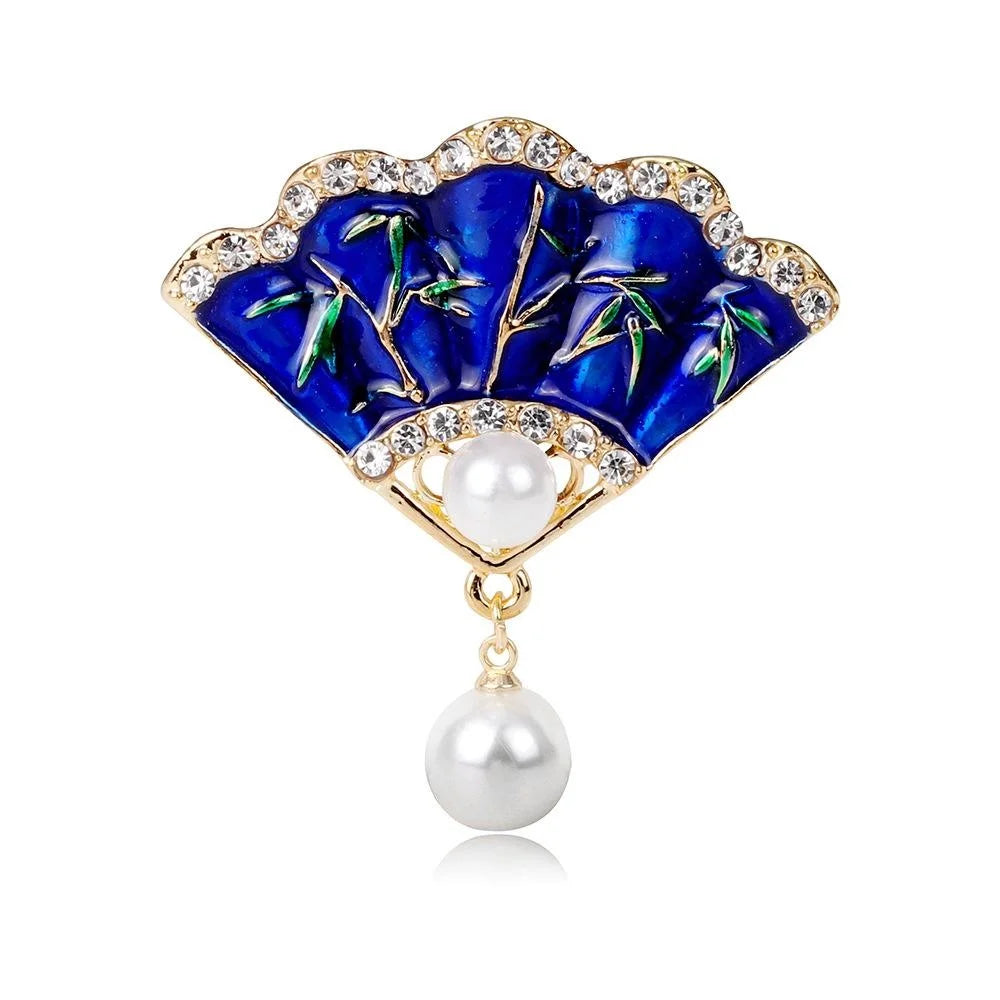Vintage Chinese Fan Brooch With Blue Enamel Bamboo Rhinestones Pearl Drop, Elegant Lapel Pin Gift