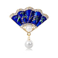 Vintage Chinese Fan Brooch With Blue Enamel Bamboo Rhinestones Pearl Drop, Elegant Lapel Pin Gift