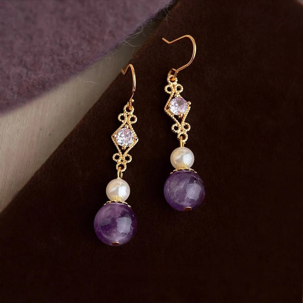 Vintage Palace Style Geometric Amethyst Zircon Pearl Copper Drop Earrings