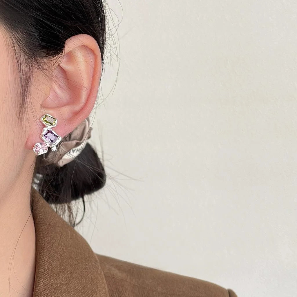Irregular Geometric Zircon Copper Drop Earrings For Women Luxury Artistic Statement Style