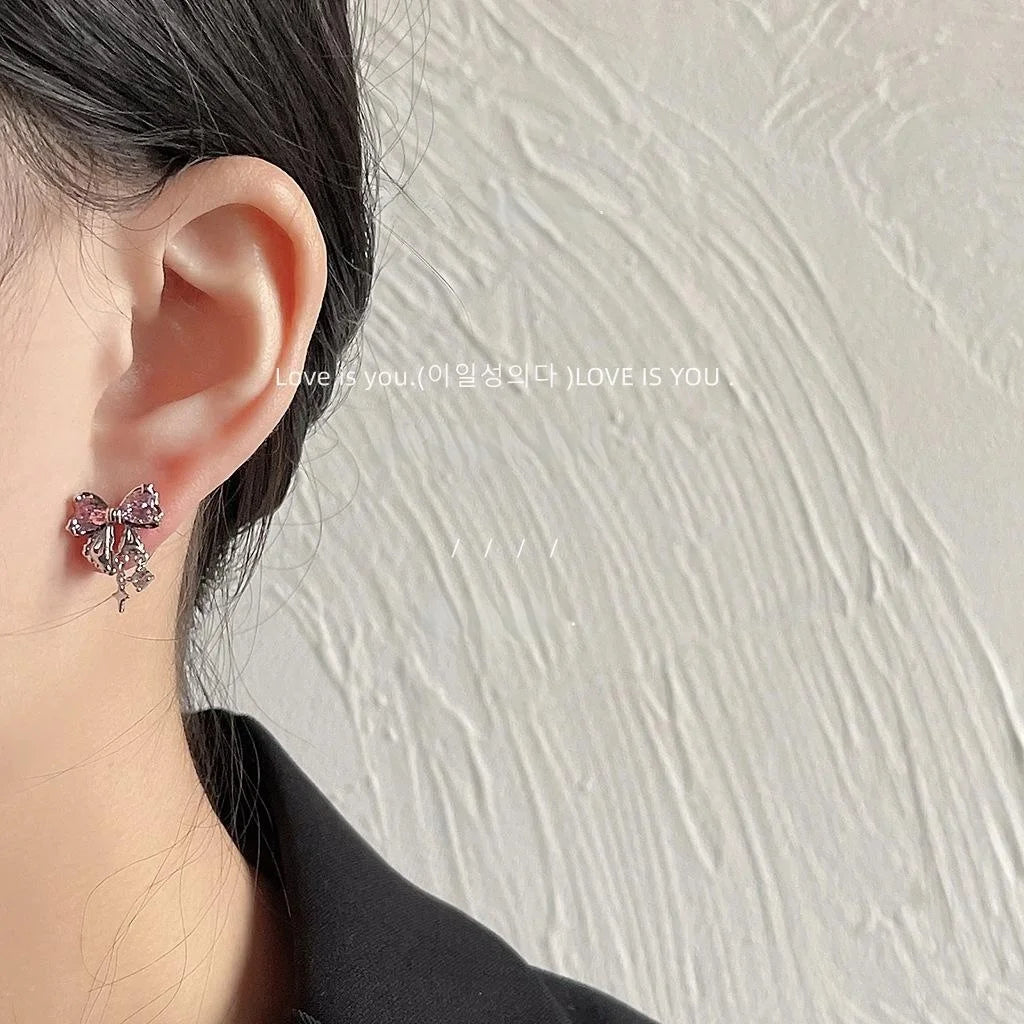 Sweet Cool Micro Pave Zircon Bow Stud Earrings Copper Cute Lolita Silver Plated Pin Jewelry