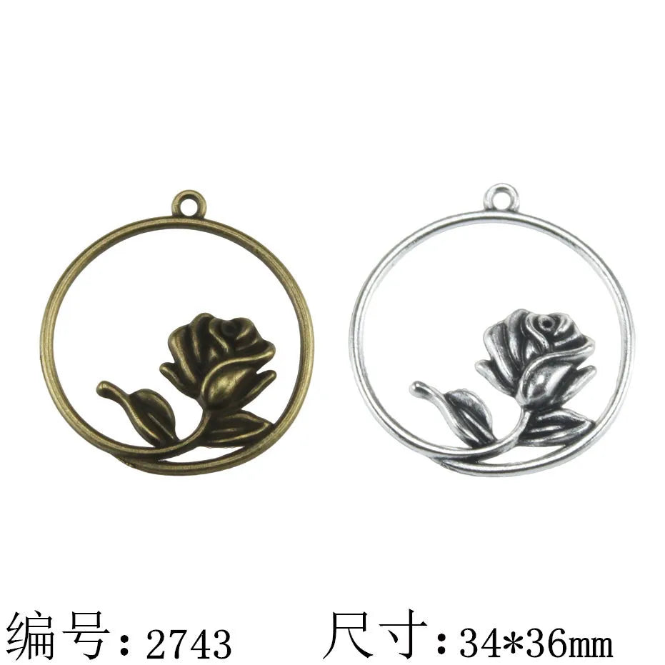 Antique Silver Zinc Alloy Rose Circle Charm Pendant for DIY Necklace Bracelet Jewelry Making