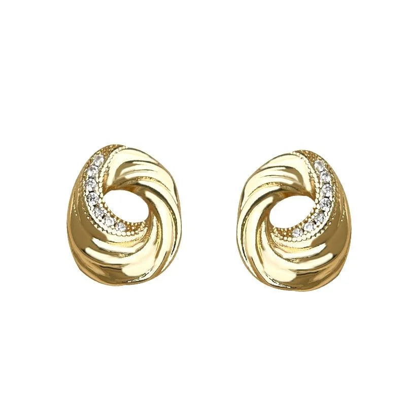 Vintage Irregular Cookie Biscuit Geometric Zircon 14K Gold Plated Stud Earrings