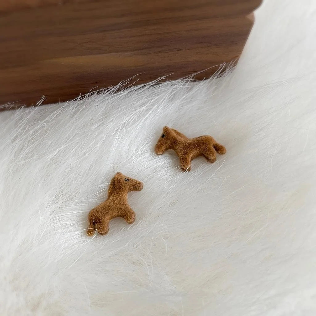 Cute Flocked Pony Stud Earrings, Style Animal Zodiac Horse Jewelry