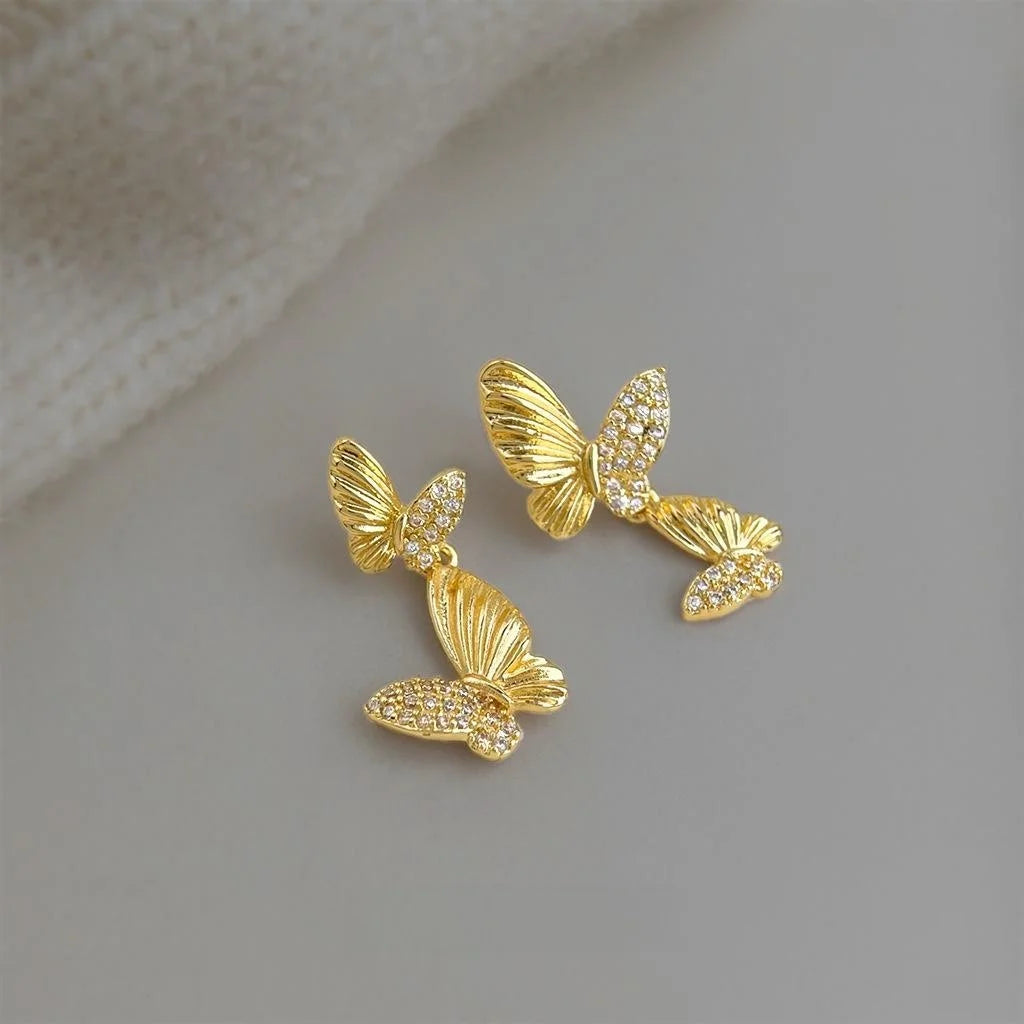 Asymmetric Copper Zircon Butterfly Drop Earrings Sweet Forest Style Women's Jewelry
