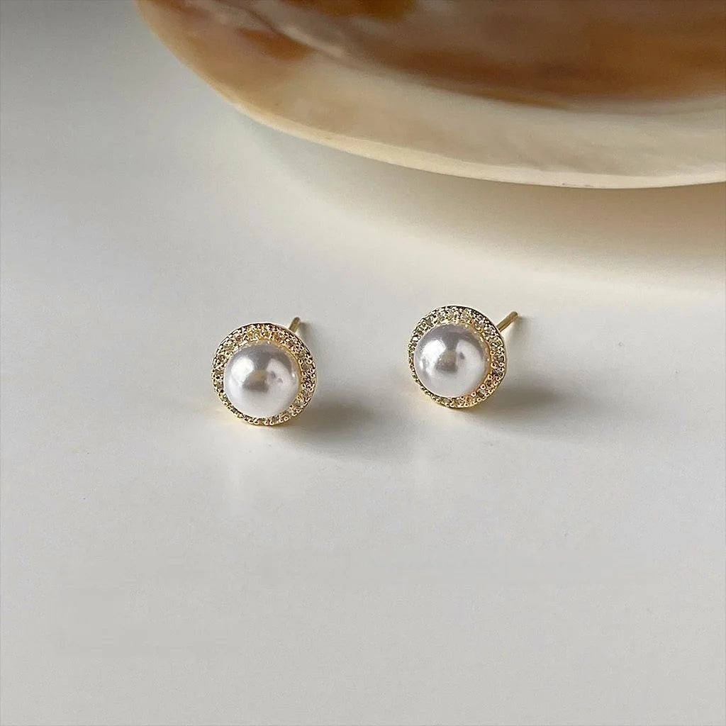 14K Plated Copper Round Geometric Micro Pave Zircon Stud Earrings