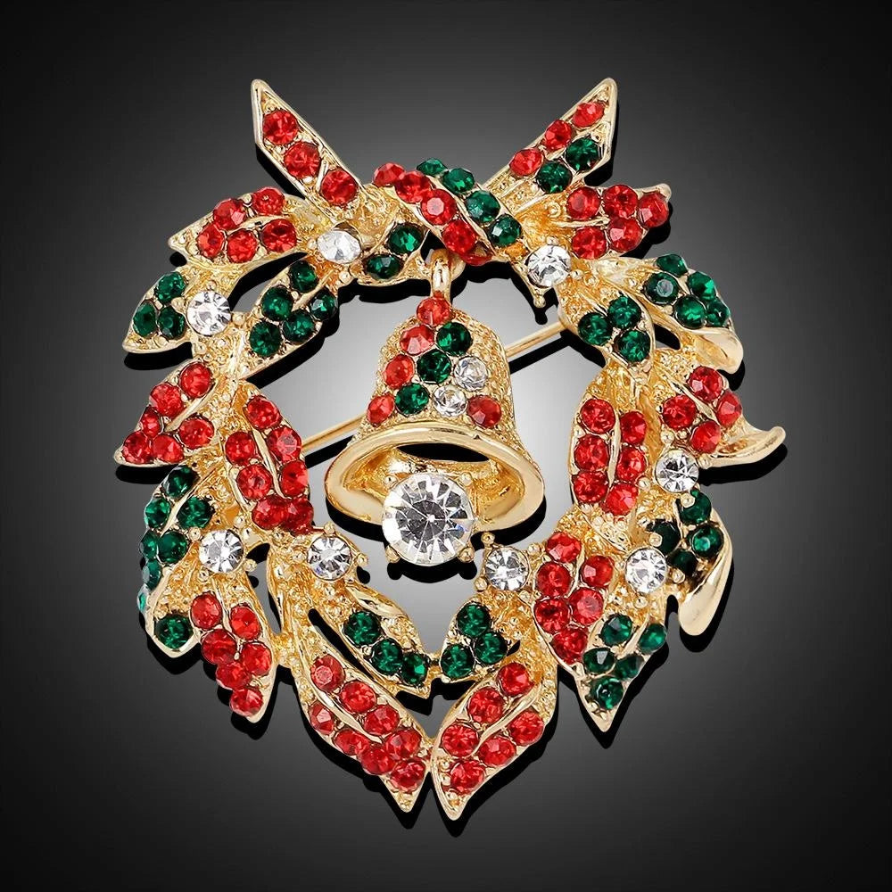 Elegant Christmas Wreath Bell Rhinestone Alloy Brooch, Festive Corsage Lapel Pin Suit Accessory Gift