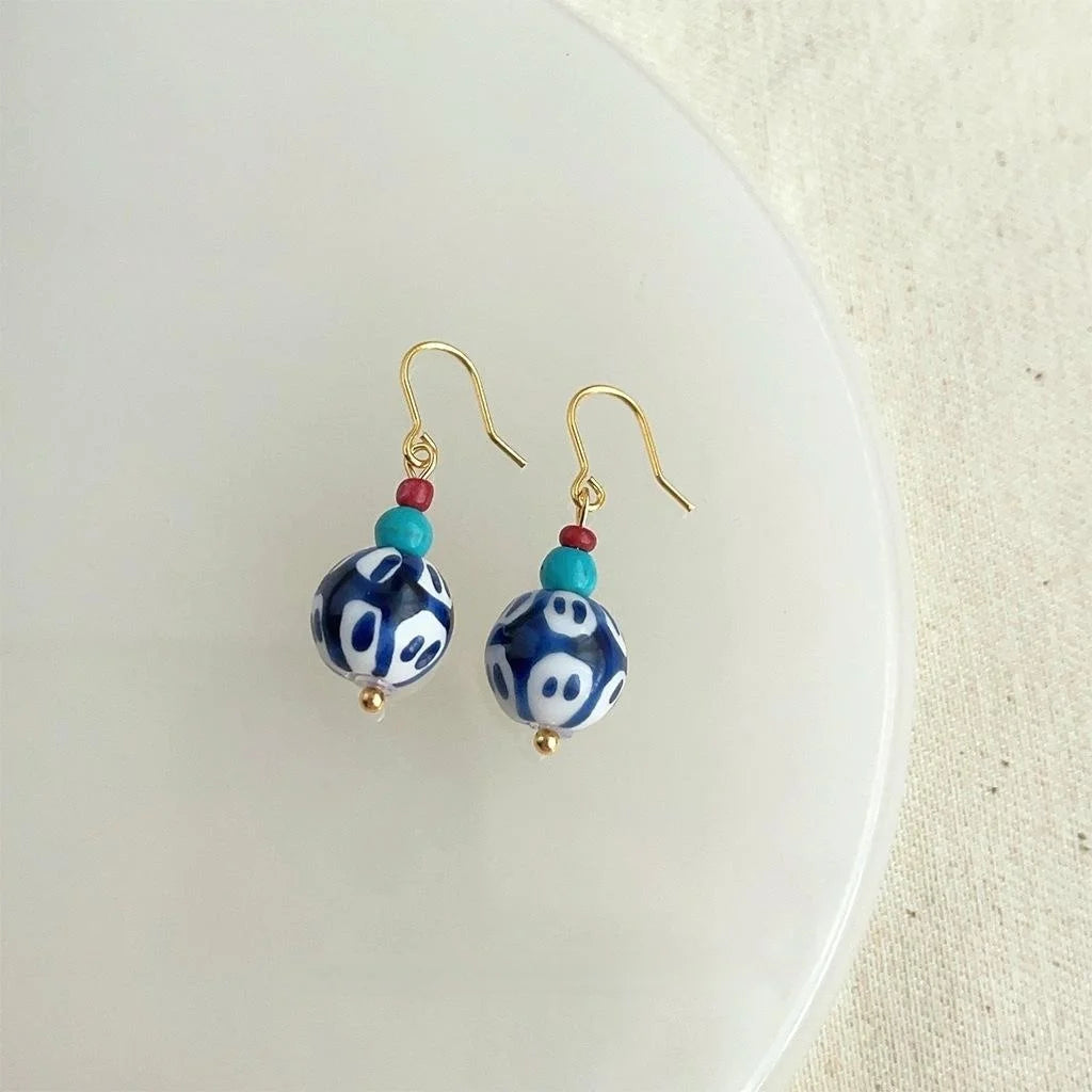New Chinese Blue And White Porcelain Handmade Ceramic Copper Geometric Drop Earrings