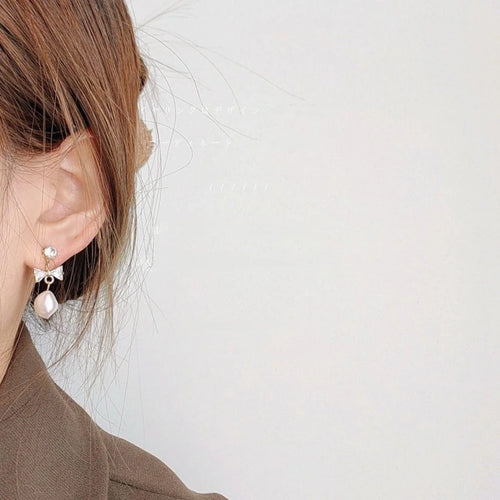 Vintage Baroque Freshwater Pearl Bow Drop Earrings With Zircon And Silver Plated Pins