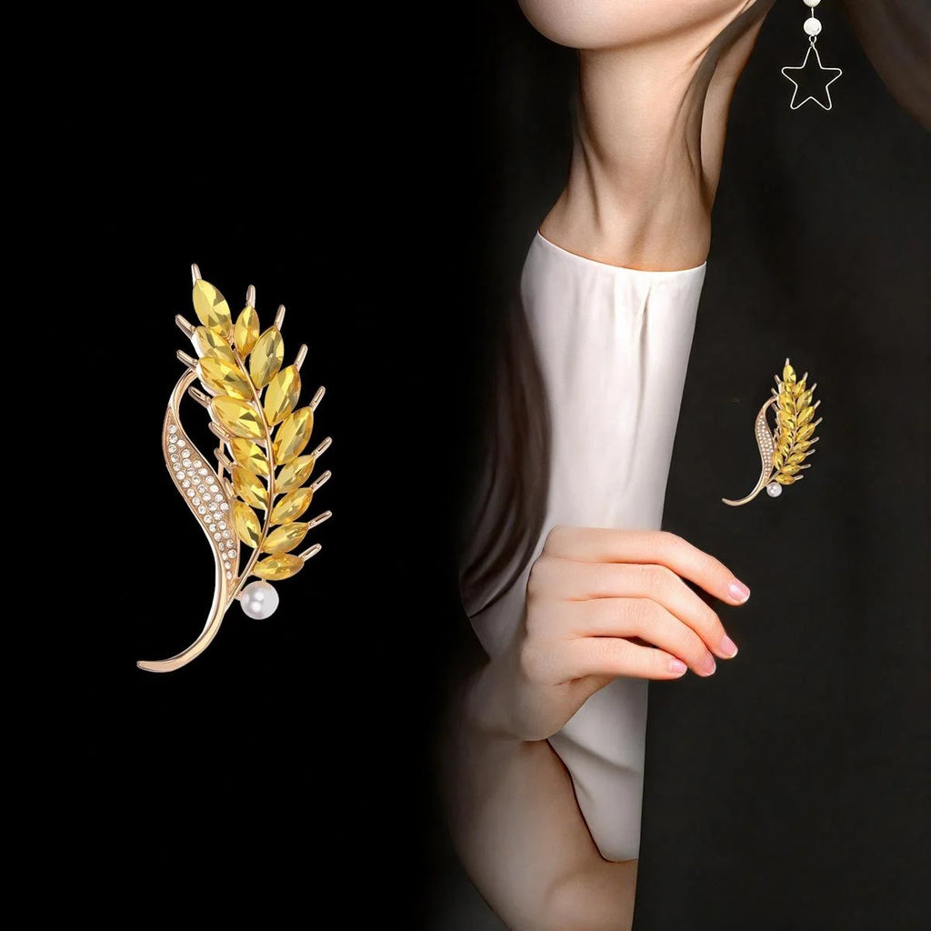 Elegant Wheat Sheaf Brooch With Amber Rhinestones And Faux Pearl, Gold Alloy Lapel Pin Suit Accessory