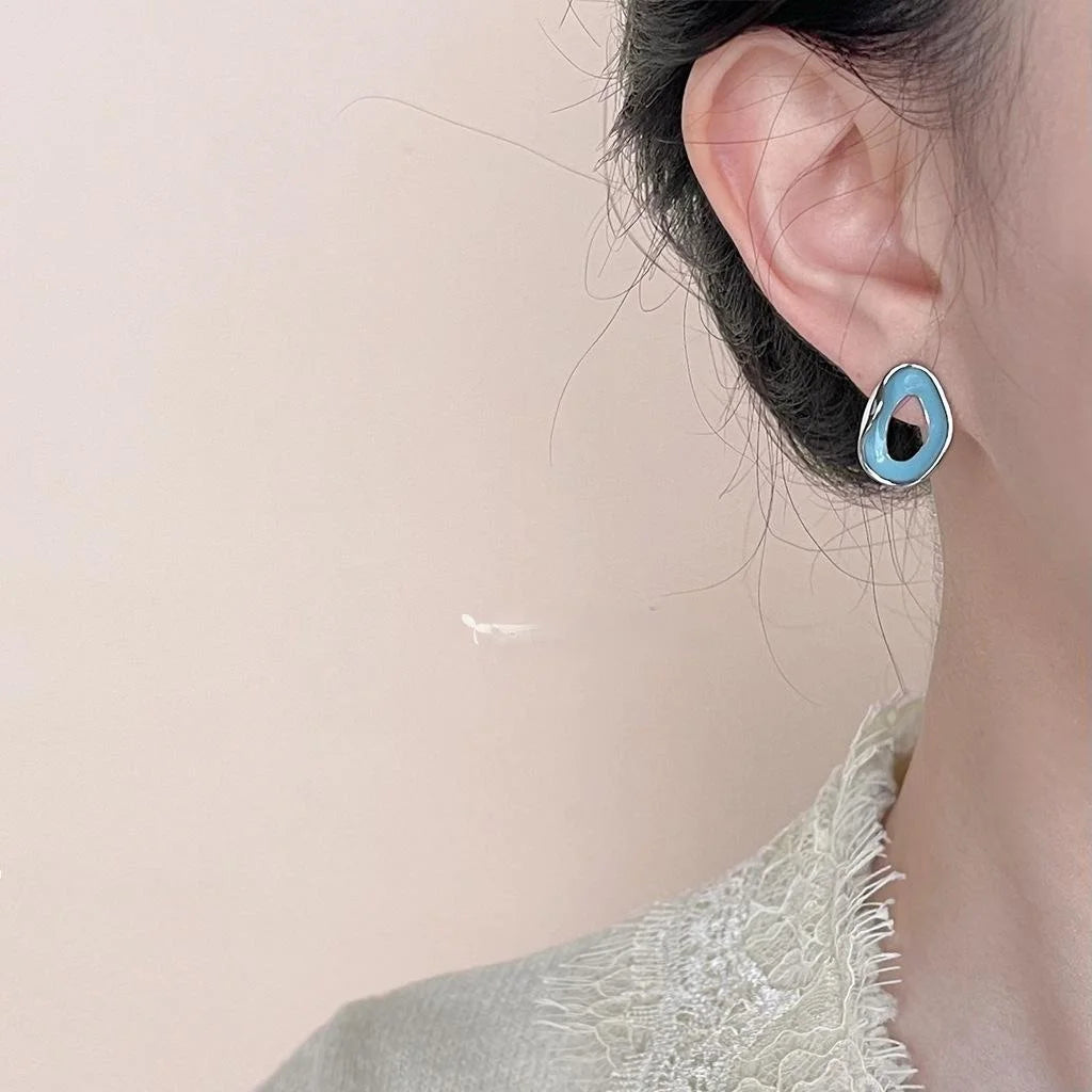 Glacier Blue Hollow Geometric Copper Stud Earrings For Women, Casual 3D Irregular Design
