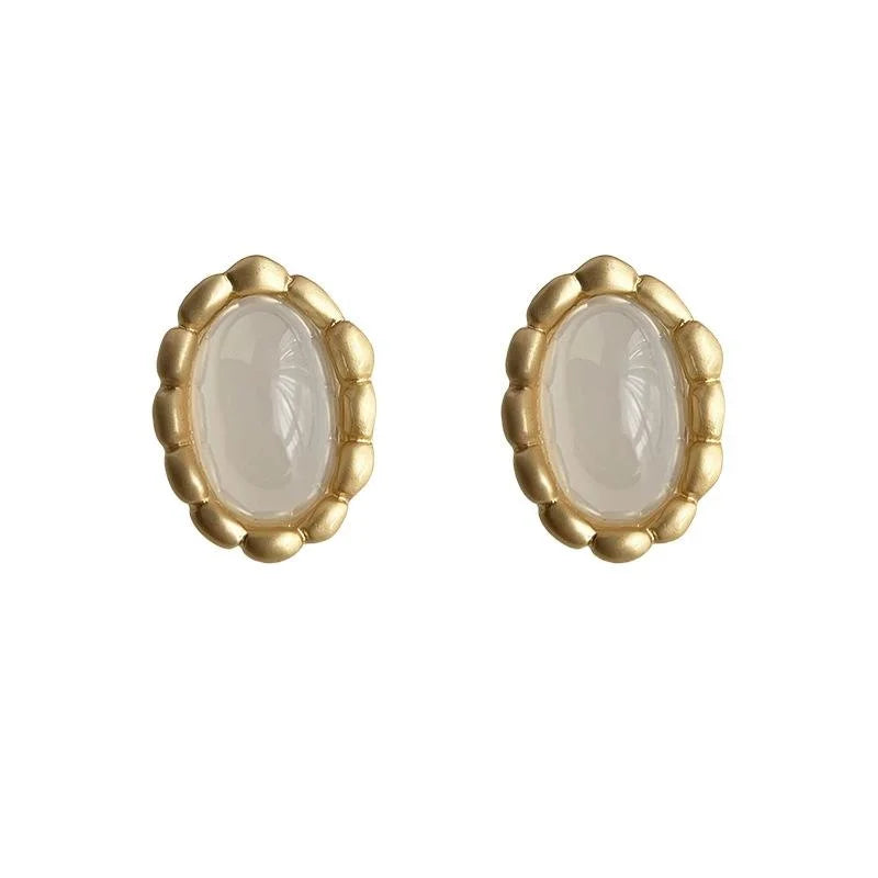 French Vintage Matte Gold Oval Lace Copper Resin Stud Earrings With Silver Plated Pins