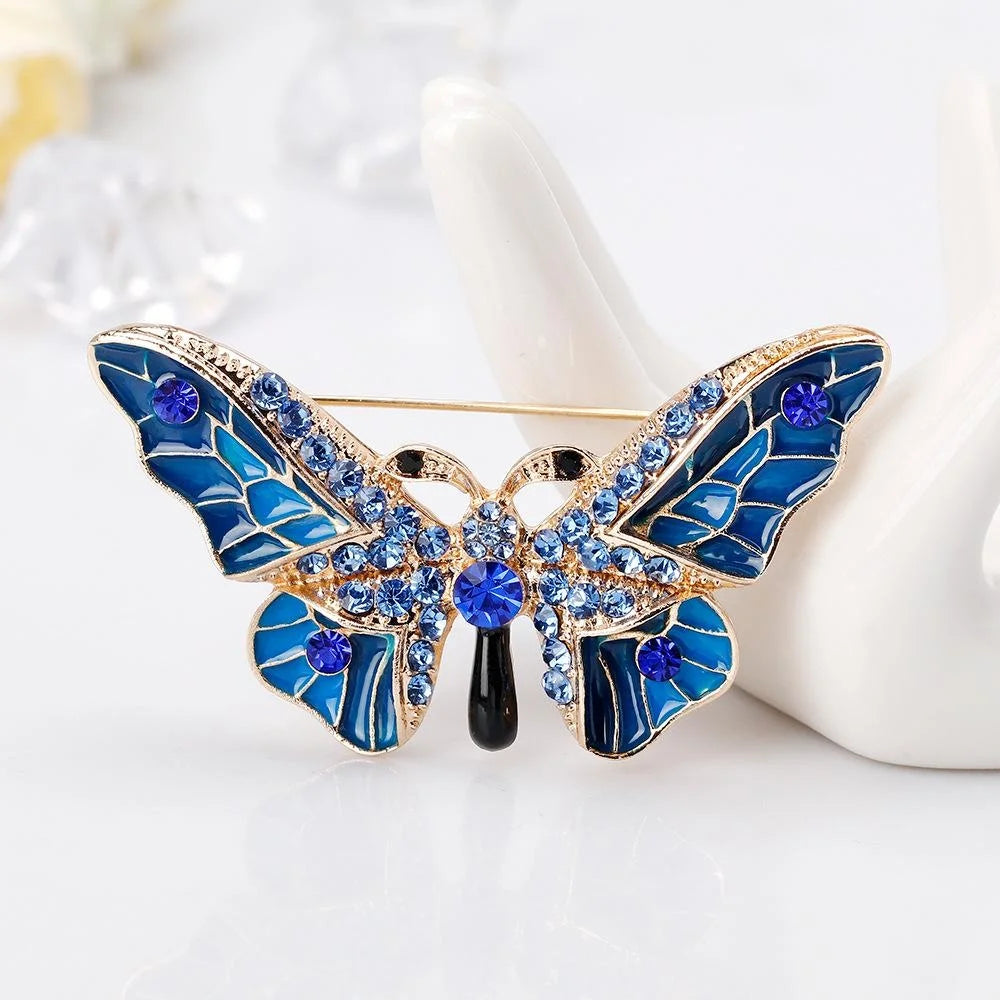 Elegant Blue Enamel Butterfly Alloy Brooch With Rhinestone Accents, Luxury Lapel Pin Corsage Gift
