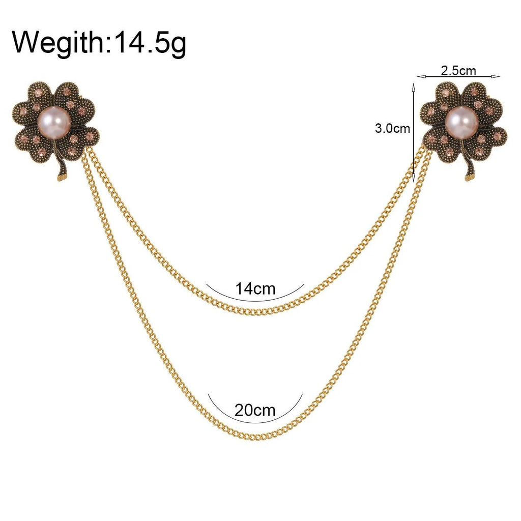 Elegant Pearl Flower Brooch With Rhinestone Chain Tassels, Vintage Alloy Lapel Pin Suit Accessory Gift