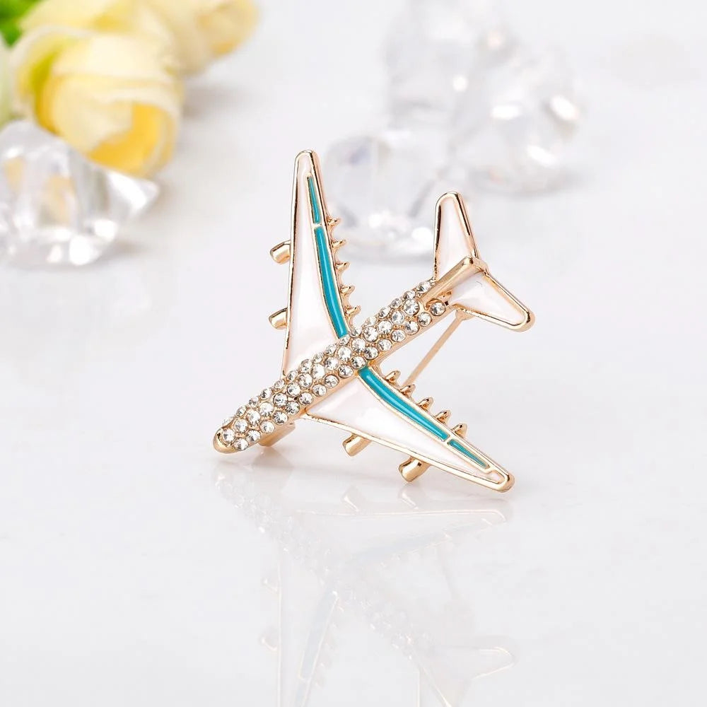 Elegant Airplane Brooch With Rhinestone Alloy Enamel Inlay, Luxury Lapel Pin Corsage Suit Accessory