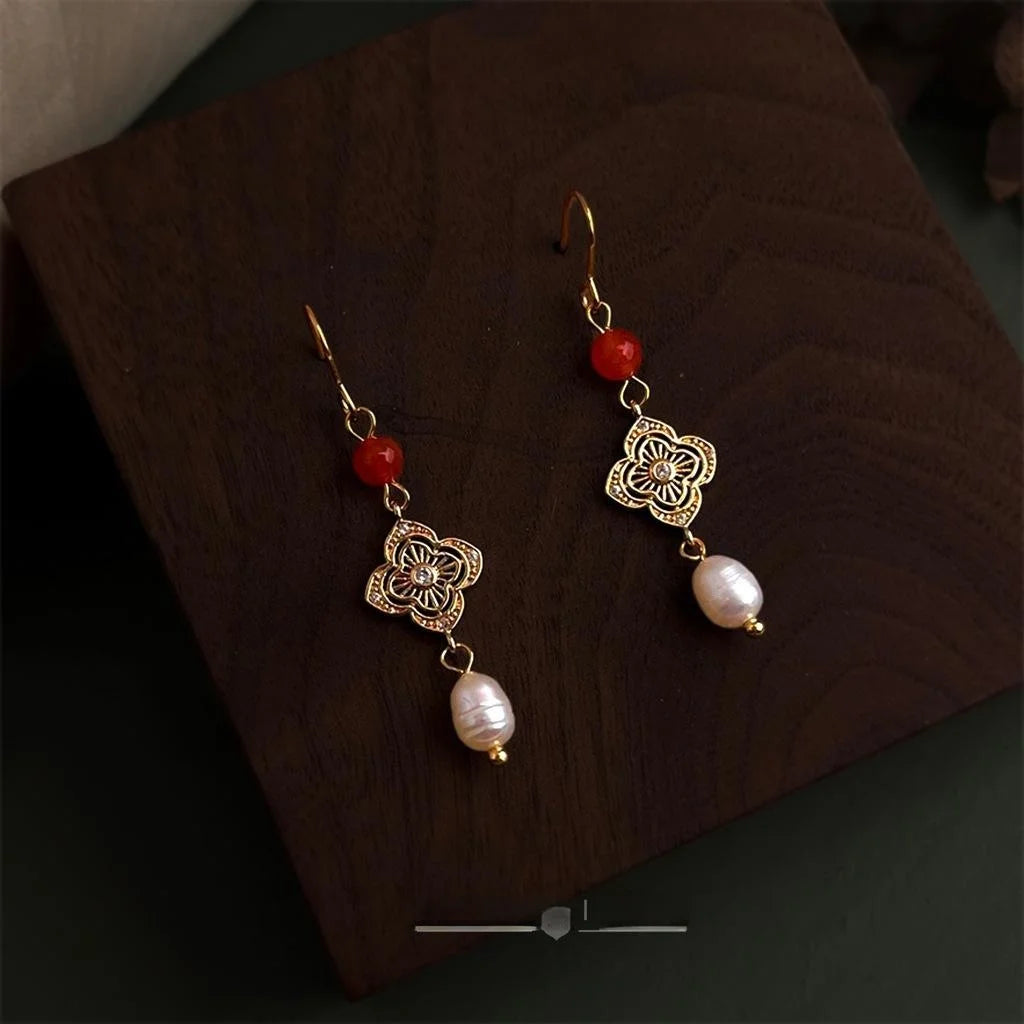Handmade New Chinese Style Copper Zircon Red Agate Freshwater Pearl Tassel Drop Earrings