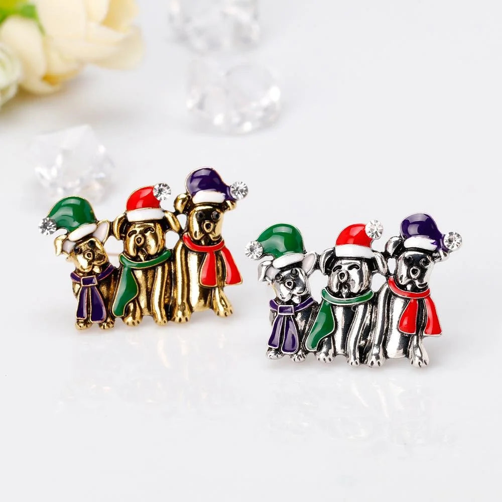 Cute Christmas Dog Santa Hat Bell Enamel Rhinestone Alloy Brooch, Festive Lapel Pin Corsage Gift